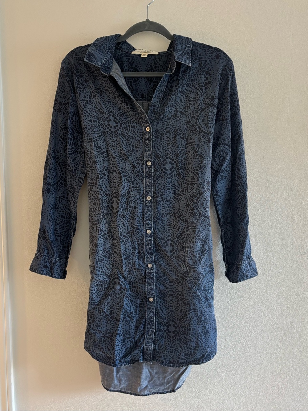 Cloth & Stone Anthropologie Printed Blue Chambray Belted Shirt Dress